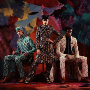 jojo fashion, JoJo fashion collage, Jotaro Kujo style, Dio Brando style, Joseph Joestar style, Enrico Pucci style, JoJo editorial style