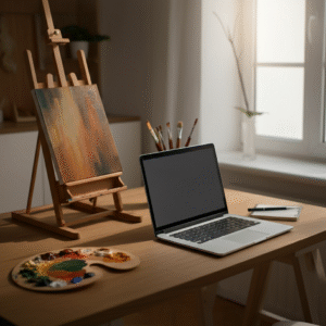 entrepreneur art, A modern creative workspace with a laptop, sketchpad, paintbrushes, and financial charts, symbolizing entrepreneur art, modern workspace, entrepreneur art, creativity and business, innovative workspace, entrepreneur idea generation, entrepreneur art, creativity in business, artistic brainstorming, abstract art in entrepreneurship, entrepreneur art inspiration, creativity in business visuals, creative presentations, entrepreneur art, visual innovation, artistic business solutions, artistic workspace, entrepreneur art setting, inspiring creative environment, art and business balance, teamwork in entrepreneur art, collaborative creative office, art-driven innovation, modern entrepreneur creativity, visionary entrepreneur, entrepreneur art, innovation in business, creative vision, 