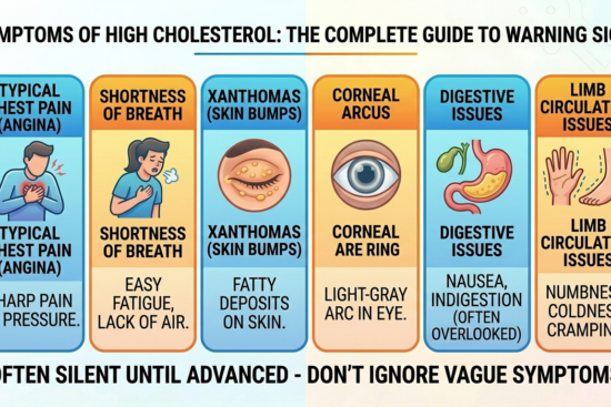 Infographic guide showing major symptoms of high cholesterol including chest pain, shortness of breath, and skin bumps.