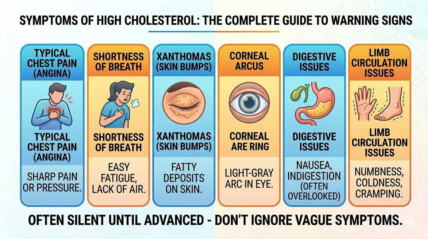Infographic guide showing major symptoms of high cholesterol including chest pain, shortness of breath, and skin bumps.