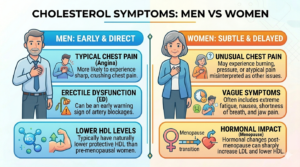 Infographic showing gender differences in cholesterol symptoms; men experience typical chest pain while women may have vague fatigue or nausea.