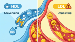 A vertically split educational diagram comparing cholesterol pathways. The left (HDL, Good) shows a healthy vessel wall. The right (LDL, Bad) shows an identical wall accumulating yellow plaque deposits. Directional arrows emphasize scattering vs. deposition.