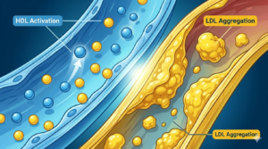 Two high-magnification close-up views of arterial endothelium. On the left (Good, blue), tiny spheres lift yellow particles off the wall. On the right (Bad, yellow), sticky aggregates stack up, actively narrowing the passage.