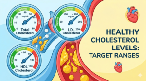 A clean visual dashboard featuring three round gauges (Total, LDL, HDL) with needles pointing into green 'Optimal' zones and labeled with target values against a backdrop of a happy, healthy heart character.