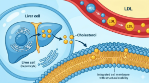 A medical illustration showing a stylized liver cell synthesizing waxy cholesterol particles, which then integrate into a cellular membrane bilayer for stability, with blue and yellow carrier proteins nearby.