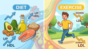 A dynamic split-panel scene. On the left, a colorful assortment of healthy fats and fibers is shown next to a graph with an rising blue HDL line. On the right, a person is shown running outdoors next to a graph with a falling yellow LDL line.