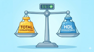A balanced vintage medical scale infographic. The left pan holds a large yellow weight labeled 'Total Cholesterol'; the right pan holds a large blue weight labeled 'HDL Cholesterol'. A central readout shows '3.5:1' with a checkmark.