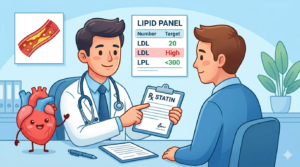 A supportive scene inside a clinic where a friendly doctor shows a patient a lab report highlighting high red LDL numbers, while simultaneously offering a prescription labeled 'STATIN'.