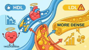 An interconnected lipid infographic diagram showing three labeled glass vessels. A blue 'HDL' vessel and a yellow 'LDL' vessel are linked to a larger, central reddish-orange vessel labeled 'TRIGLYCERIDES'. Lines map how high triglycerides lower HDL and raise dense LDL.