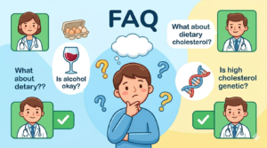 A friendly, question-and-answer layout showing an inquisitive person surrounded by floating icons (wine, eggs, genetics) and question marks. Small green checkmark panels show simplified answers being provided by smiling cartoon doctors.