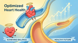 A peaceful, optimistic illustration showing the happy, haloed heart character from image 0 sitting contentedly next to a wide, smooth, completely clean artery pathway, which is free of all plaque deposits. The entire scene is bathed in soft, golden-blue light.