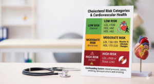 Cholesterol risk categories chart showing low, moderate, and high-risk levels