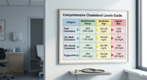 Comprehensive cholesterol levels chart showing normal ranges for total, LDL, HDL cholesterol, and triglycerides