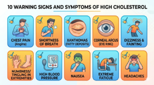 A 10-icon grid infographic showing common high cholesterol symptoms like chest pain, skin bumps, and eye rings.
