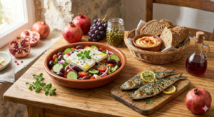 Mediterranean diet foods including olive oil, fish, whole grains, and colorful vegetables