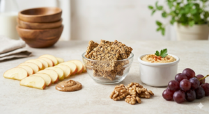 Healthy cholesterol-lowering snack options including nuts, seeds, and fruits