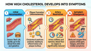 A four-stage timeline illustrating how rising cholesterol leads to plaque buildup and eventually symptoms.
