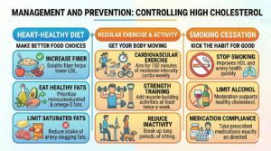 A six-icon grid with tips for managing cholesterol, including healthy diet, exercise, and smoking cessation.