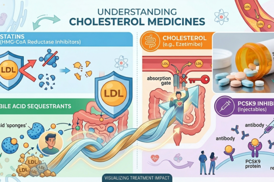 A comprehensive master infographic about cholesterol medicines combining a medical pill bottle, an effectiveness journey graph, and vector diagrams explaining how Statins, PCSK9 inhibitors, and absorption blockers work in the body.