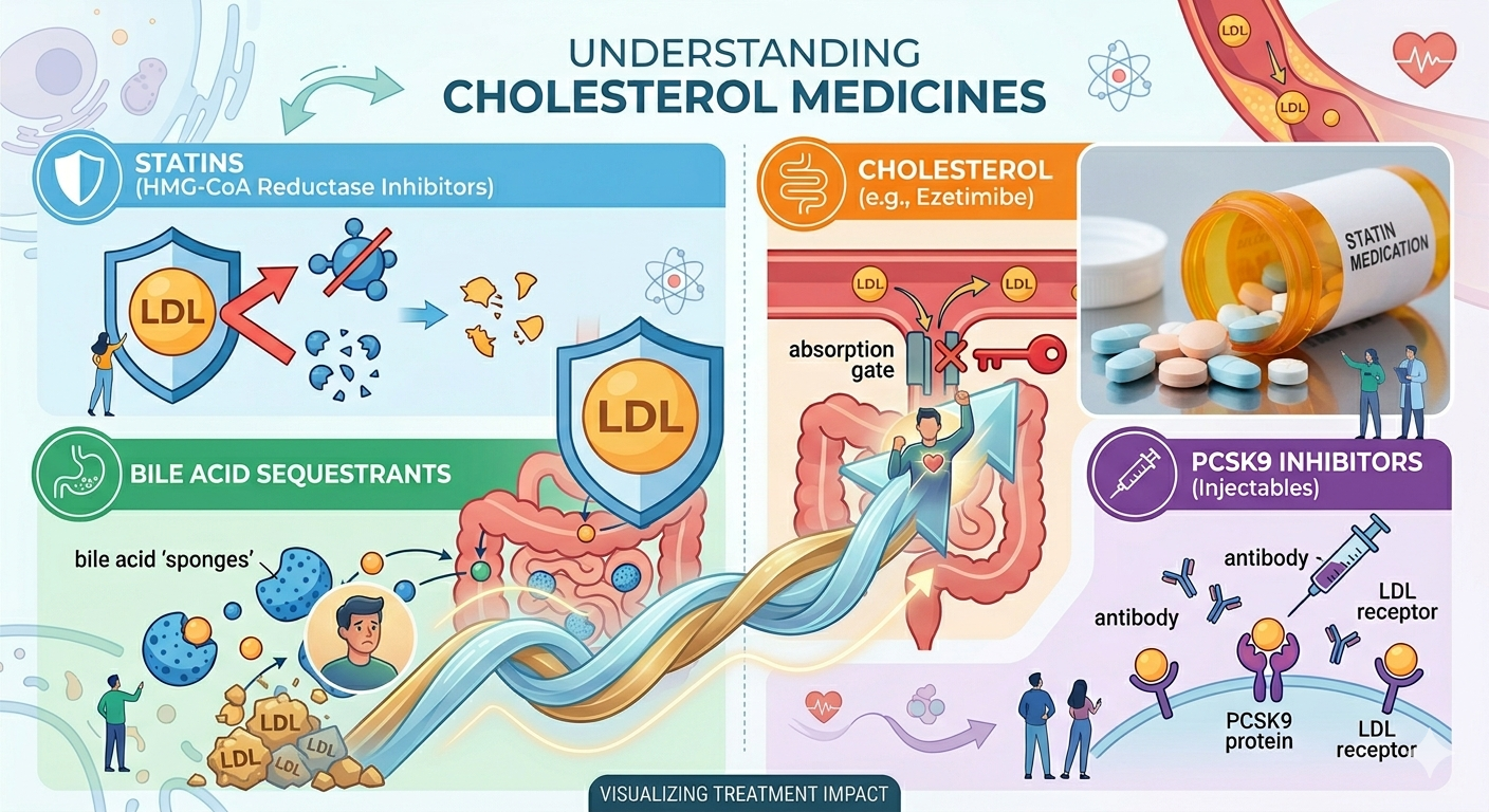 A comprehensive master infographic about cholesterol medicines combining a medical pill bottle, an effectiveness journey graph, and vector diagrams explaining how Statins, PCSK9 inhibitors, and absorption blockers work in the body.
