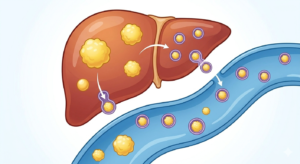 A medical illustration of a human liver synthesizing small yellow lipid spheres and releasing them into a stylized blue bloodstream.