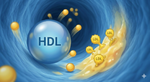 Macro view inside a blue artery showing smooth blue HDL spheres bouncing off walls while sticky yellow LDL molecules adhere to the vessel lining to form plaque.