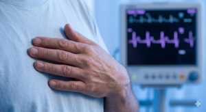 A person’s hand resting on their chest in a clinical setting, with an irregular heart rhythm displayed on a medical monitor in soft blue light.