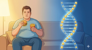 A split-screen image showing a person eating fast food (behavioral causes) next to a glowing DNA double helix (genetic factors) in contrasting yellow and blue light.