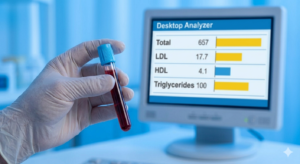 A gloved hand holding a blood sample next to a digital medical screen displaying 'Total Cholesterol,' 'LDL,' and 'HDL' levels with color-coded risk bars.