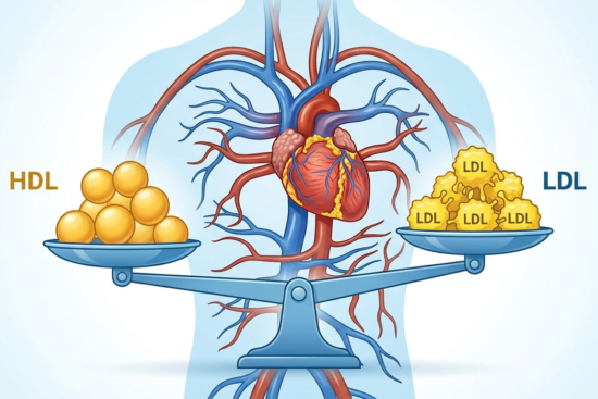 Complete Guide to Cholesterol A conceptual illustration of a human cardiovascular system with a balance scale. One side holds blue HDL spheres labeled 'Healthy' and the other holds yellow sticky LDL molecules, representing the need for lipid balance.