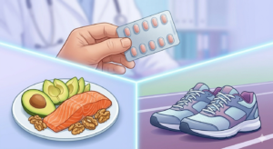 A collage featuring a heart-healthy meal with salmon and avocado, a pair of running shoes, and a blister pack of statin medication.