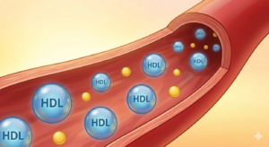 A final view inside a clear, healthy artery where blue HDL molecules flow freely through a wide-open vessel bathed in warm, hopeful golden light.