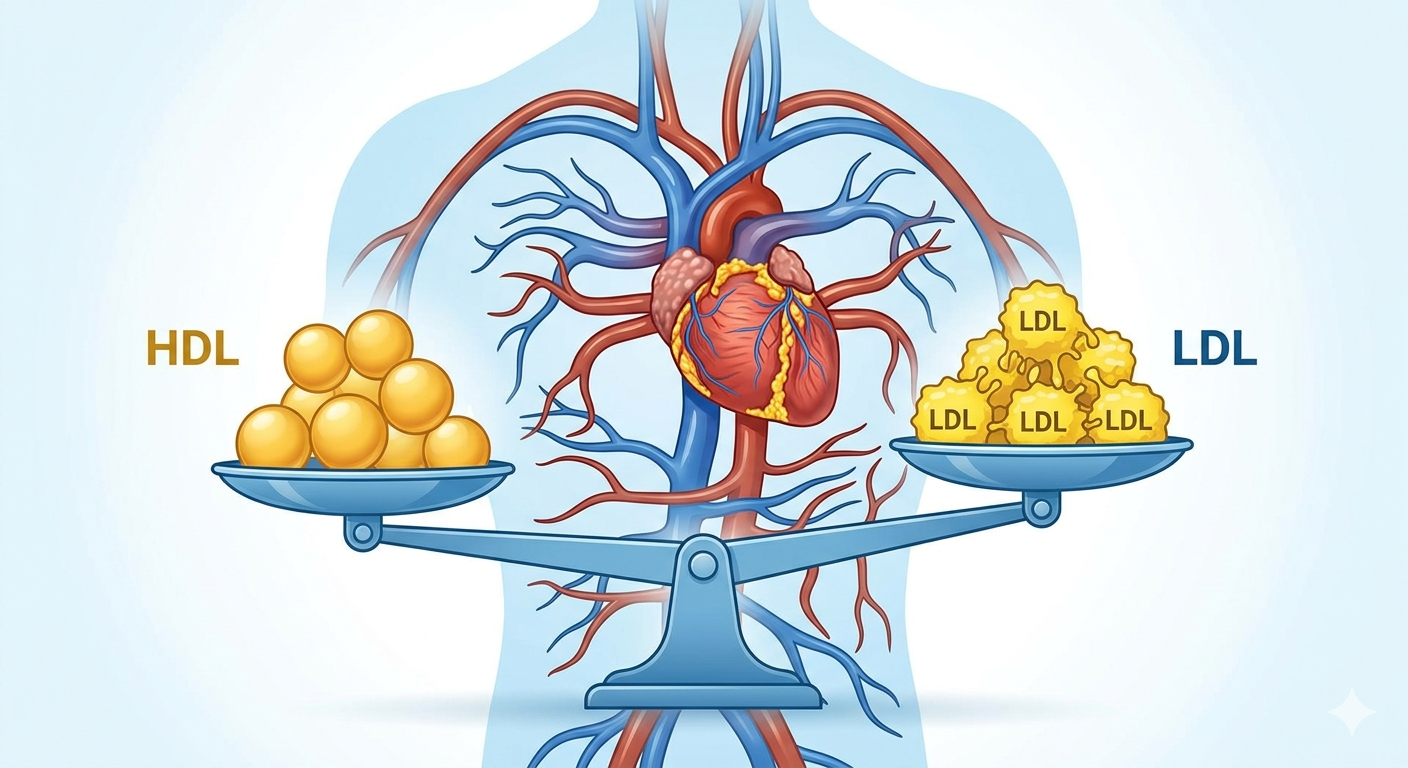 Complete Guide to Cholesterol A conceptual illustration of a human cardiovascular system with a balance scale. One side holds blue HDL spheres labeled 'Healthy' and the other holds yellow sticky LDL molecules, representing the need for lipid balance.