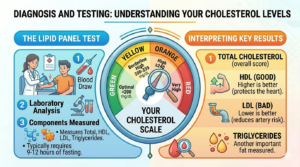 A medical gauge infographic showing optimal, borderline, high, and very high total cholesterol ranges for diagnosis.