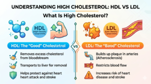 Infographic comparing 'Good' HDL and 'Bad' LDL cholesterol roles in the bloodstream and heart health.