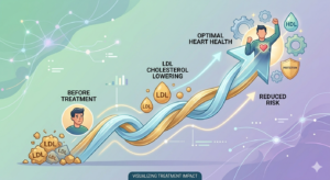 A dynamic semi-flat illustration titled 'Visualizing Treatment Impact' showing a patient's journey along a rising gold and blue arrow from high LDL cholesterol concern to optimal heart health and reduced cardiac risk.