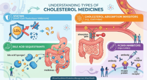 Illustration showing different types of cholesterol medicines including statins, PCSK9 inhibitors, and ezetimibe