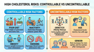 A two-column infographic contrasting controllable and uncontrollable risk factors for high cholesterol.