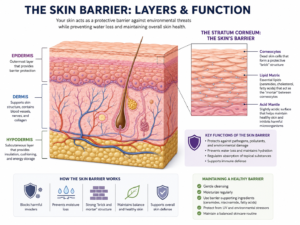 Diagram of skin barrier layers showing epidermis, dermis, and hypodermis for dermatological skincare understanding