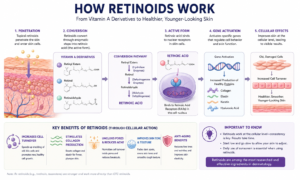 How retinoids work in skin cells converting to retinoic acid for cellular turnover and collagen production