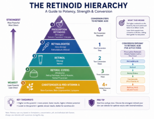 Retinoid potency hierarchy pyramid from retinyl esters to prescription retinoids showing strength and conversion steps