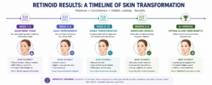 Timeline of retinoid skincare results showing visible improvements from weeks 1 through 6 months of use