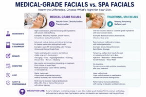 Comparison chart of medical-grade professional facials versus traditional spa facials showing differences in results and technology