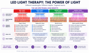 LED light therapy spectrum showing different wavelengths and their skin benefits for acne, aging, and pigmentation treatment