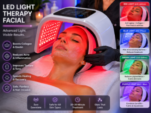 Professional LED light therapy facial treatment showing multi-spectrum light technology for skin rejuvenation