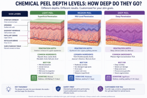 Chemical peel depth diagram showing light, medium, and deep penetration levels and skin layer impact