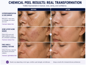 Before and after chemical peel facial showing improved skin texture, tone, and reduction of sun damage