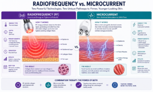 Comparison of radiofrequency and microcurrent facial technology showing different mechanisms for skin tightening and lifting