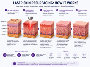 Laser skin resurfacing diagram showing laser energy penetration and collagen remodeling mechanism for skin transformation