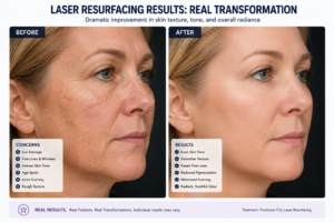 Before and after laser resurfacing treatment showing dramatic transformation of sun-damaged and aged skin" Placement: After laser section